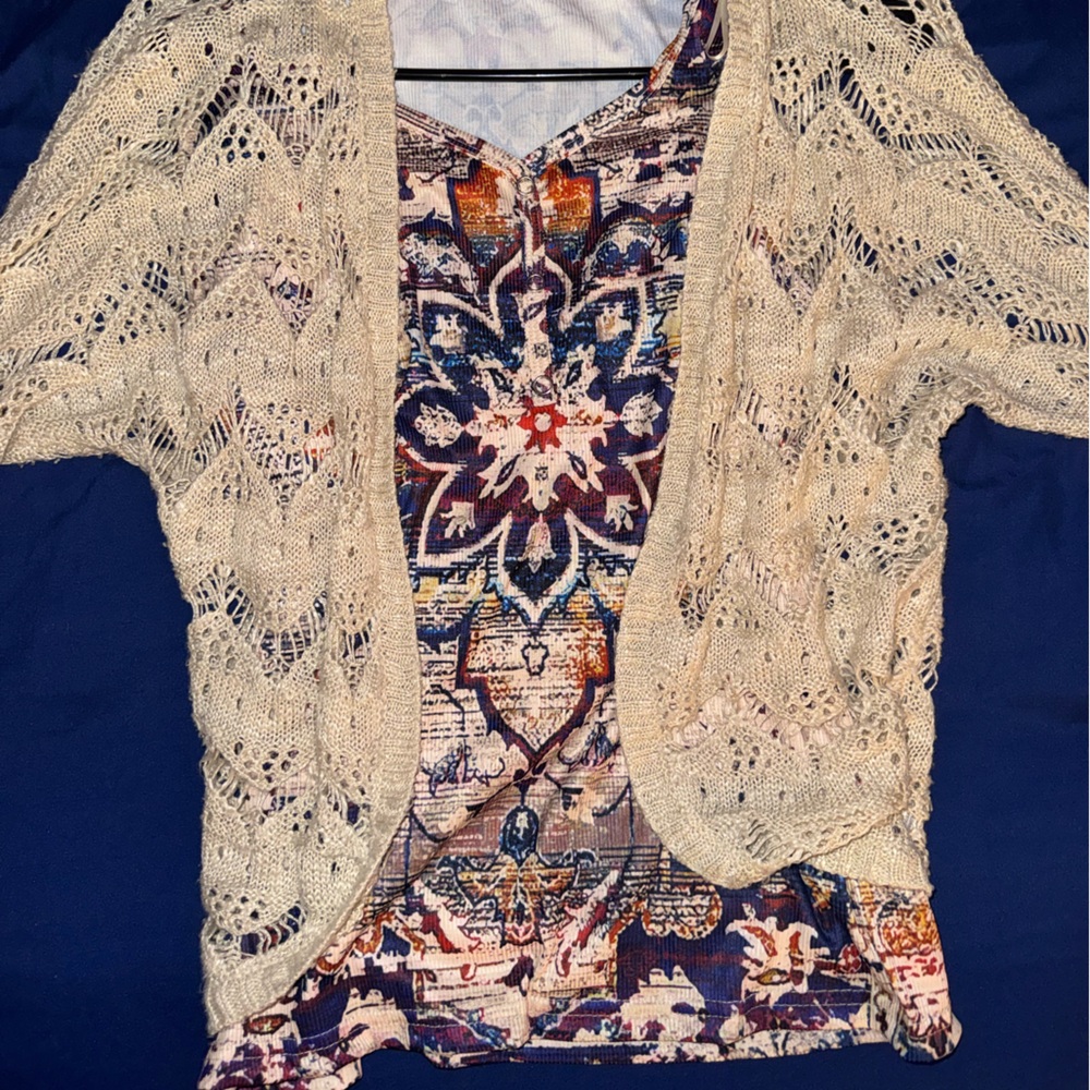 Bohemian Lace Cardigan with Patterned Tank